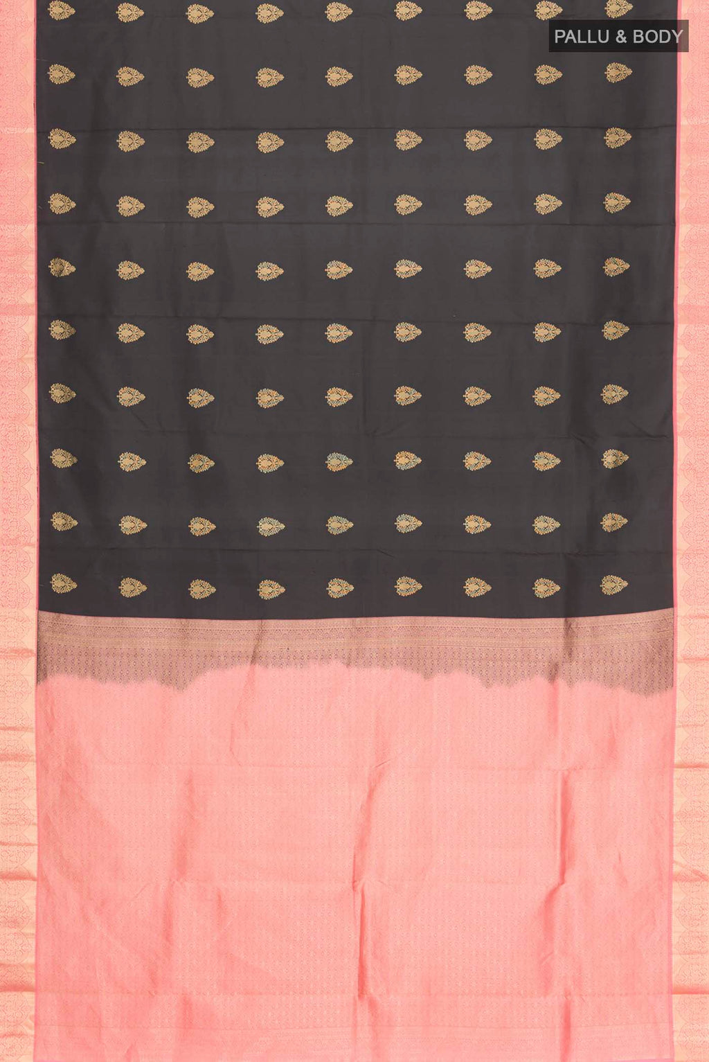 Flat view of Black Kanchipuram Silk Saree with Zari Butta on the body and Zari Border