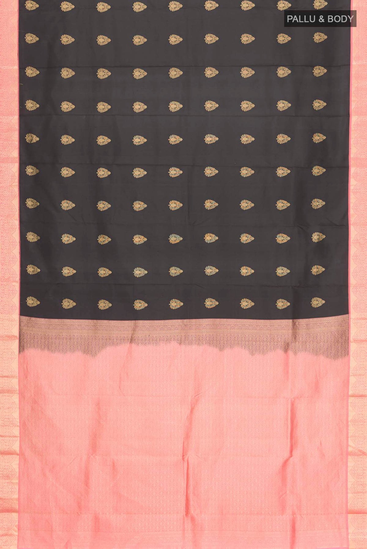 Flat view of Black Kanchipuram Silk Saree with Zari Butta on the body and Zari Border