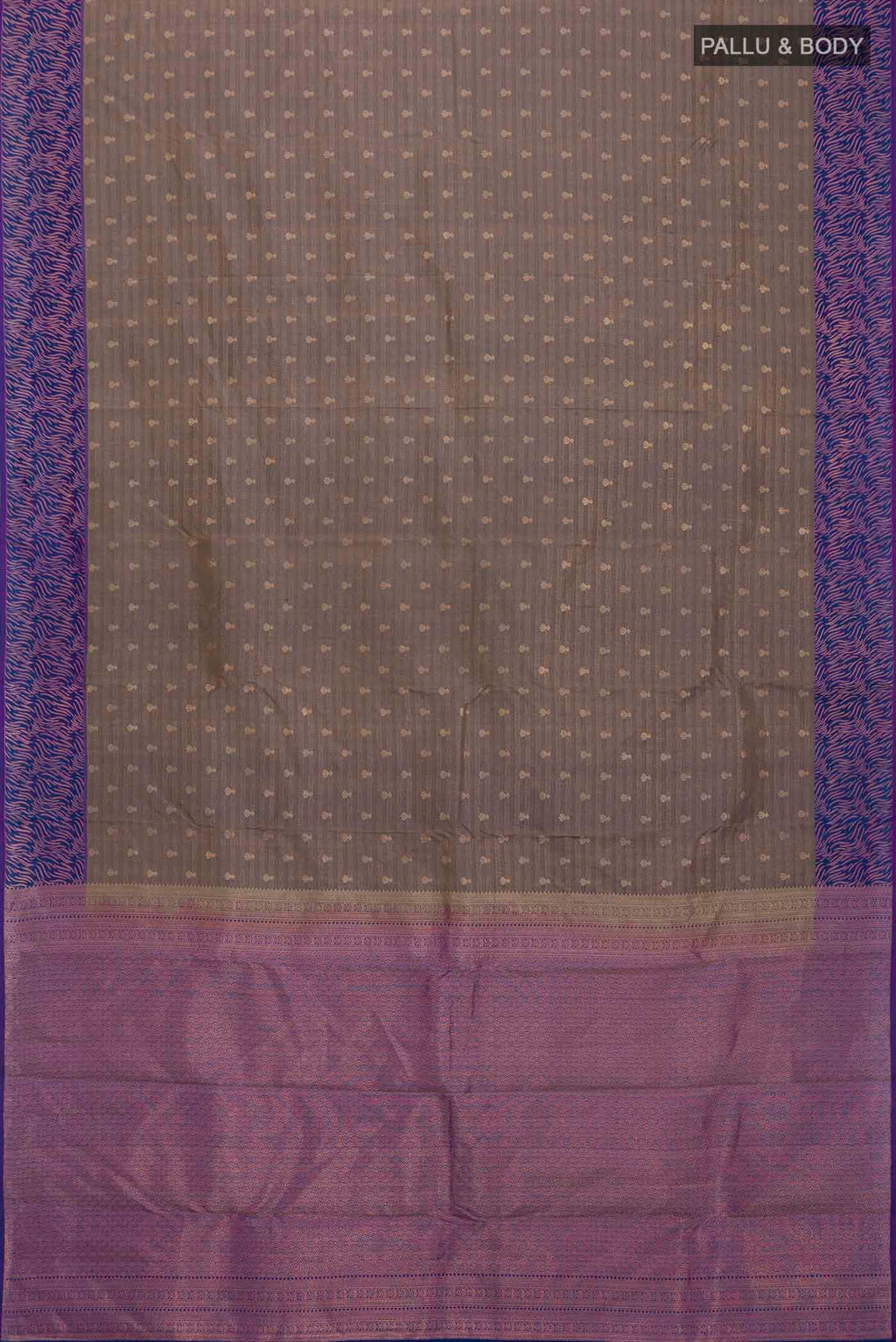 Flat view of Grey Kanchipuram Silk Saree with Zari Butta on the body and Zari Border