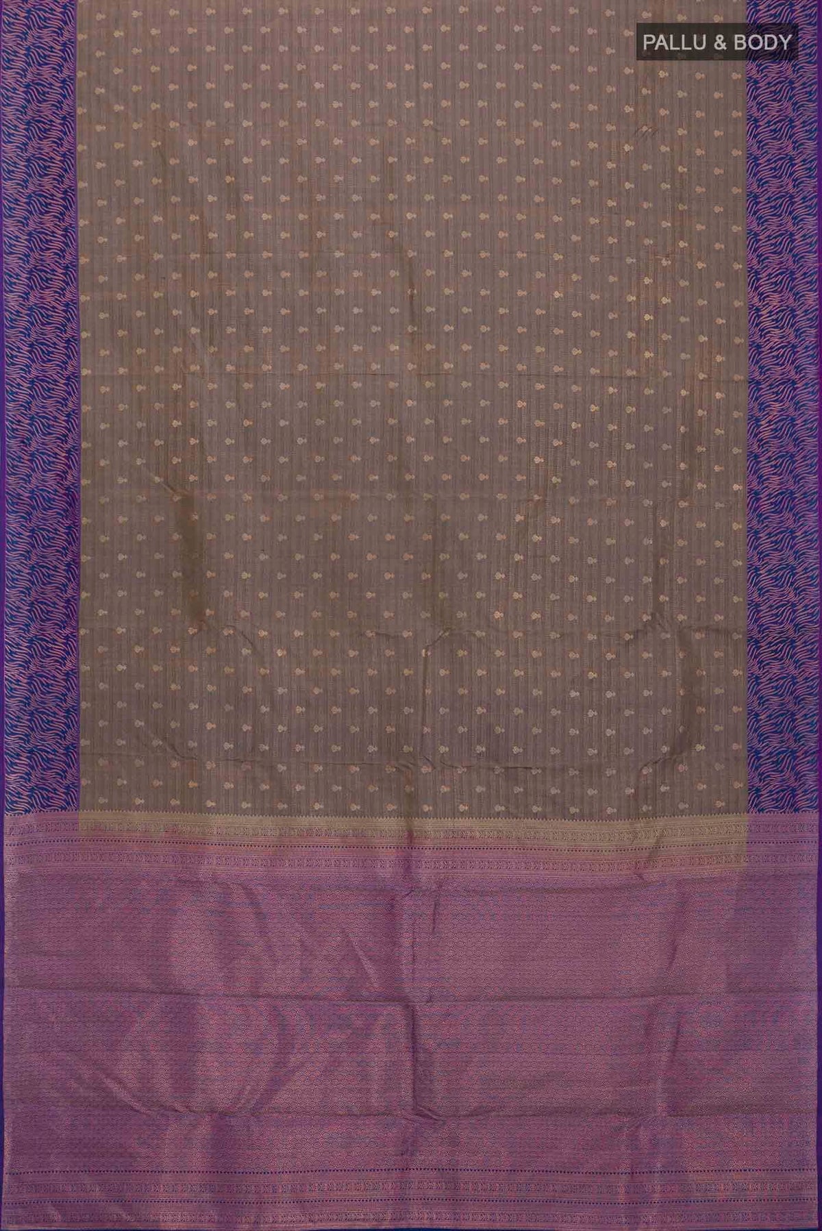 Flat view of Grey Kanchipuram Silk Saree with Zari Butta on the body and Zari Border