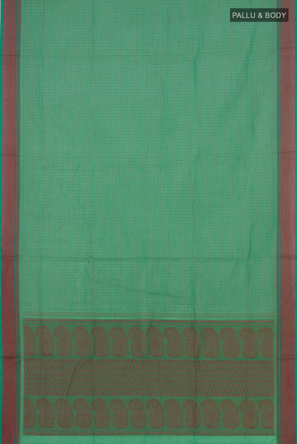 Flat view of Green Coimbatore Cotton Saree with Checked design on the body and Thread Border. 