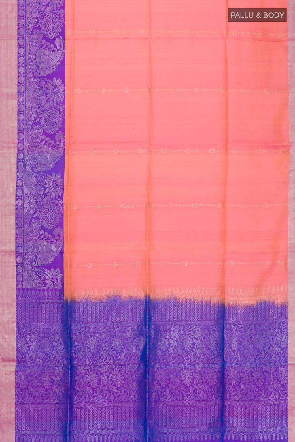 Flat view of Pink Soft Silk Saree with Zari Butta on the body and Zari Border