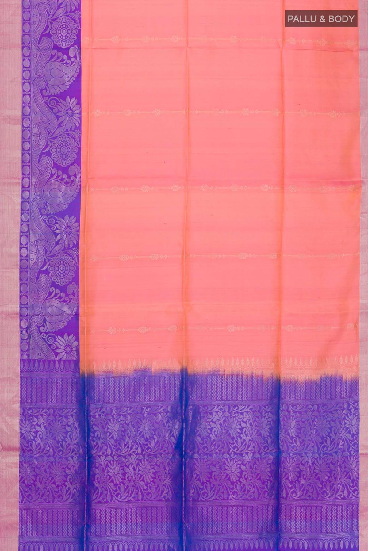 Flat view of Pink Soft Silk Saree with Zari Butta on the body and Zari Border