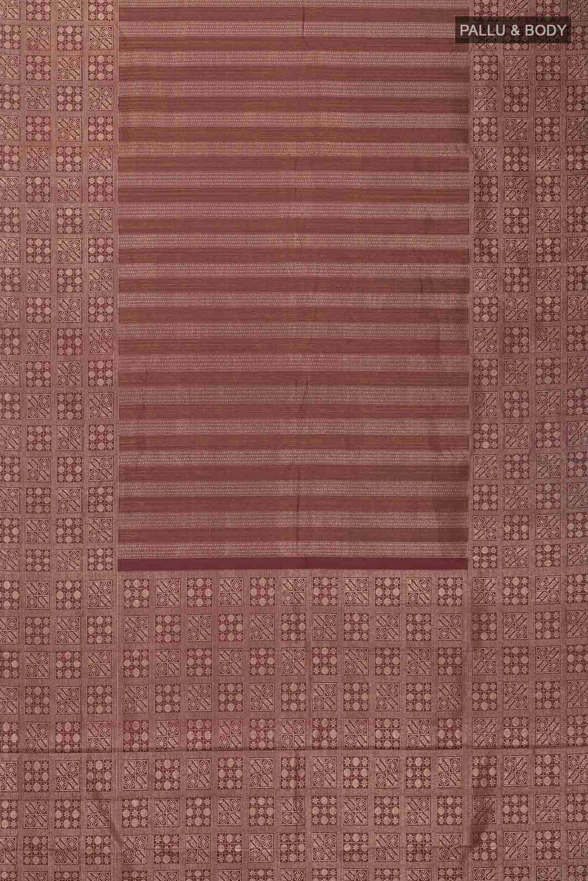 Flat view of Maroon Kanchipuram Silk Saree with Zari Brocade on the body and Zari Border