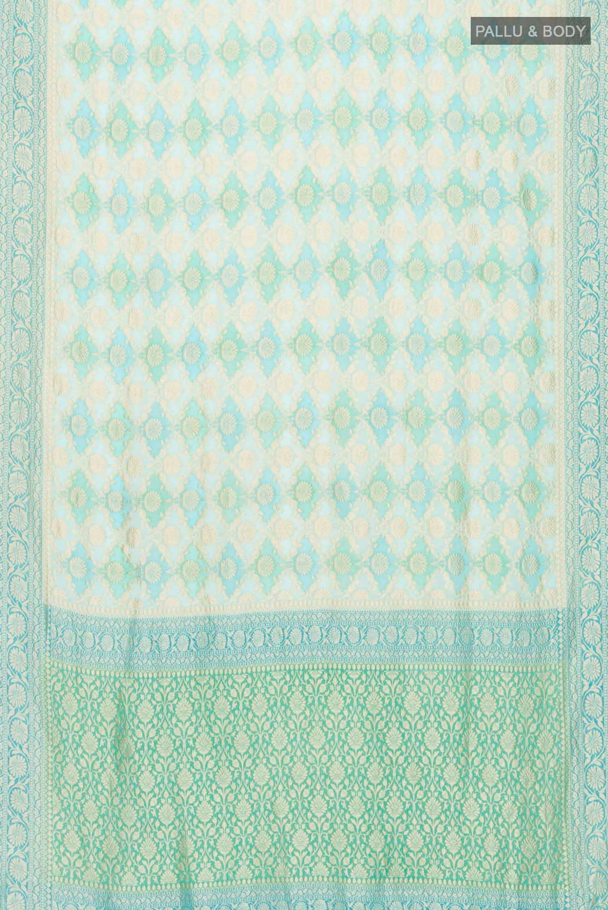 Flat view of Light Blue Banarasi Georgette Saree with Zari Butta on the body and Zari Border
