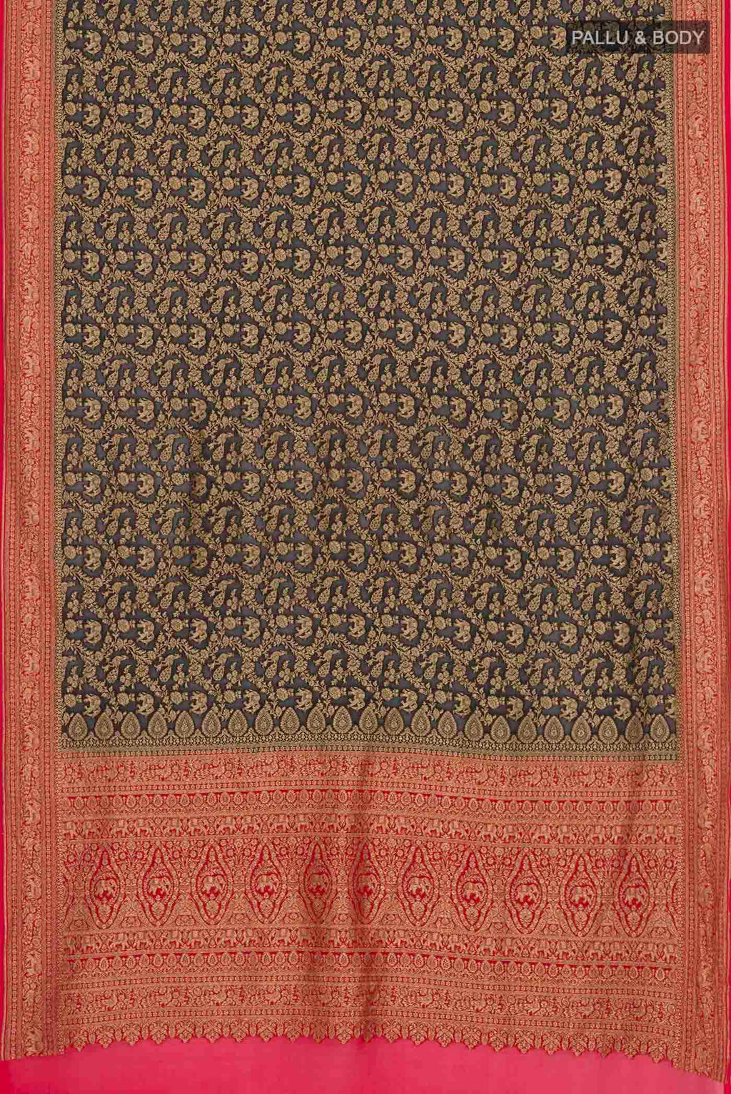 Flat view of Black Banarasi Georgette Saree with Zari Brocade on the body and Zari Border