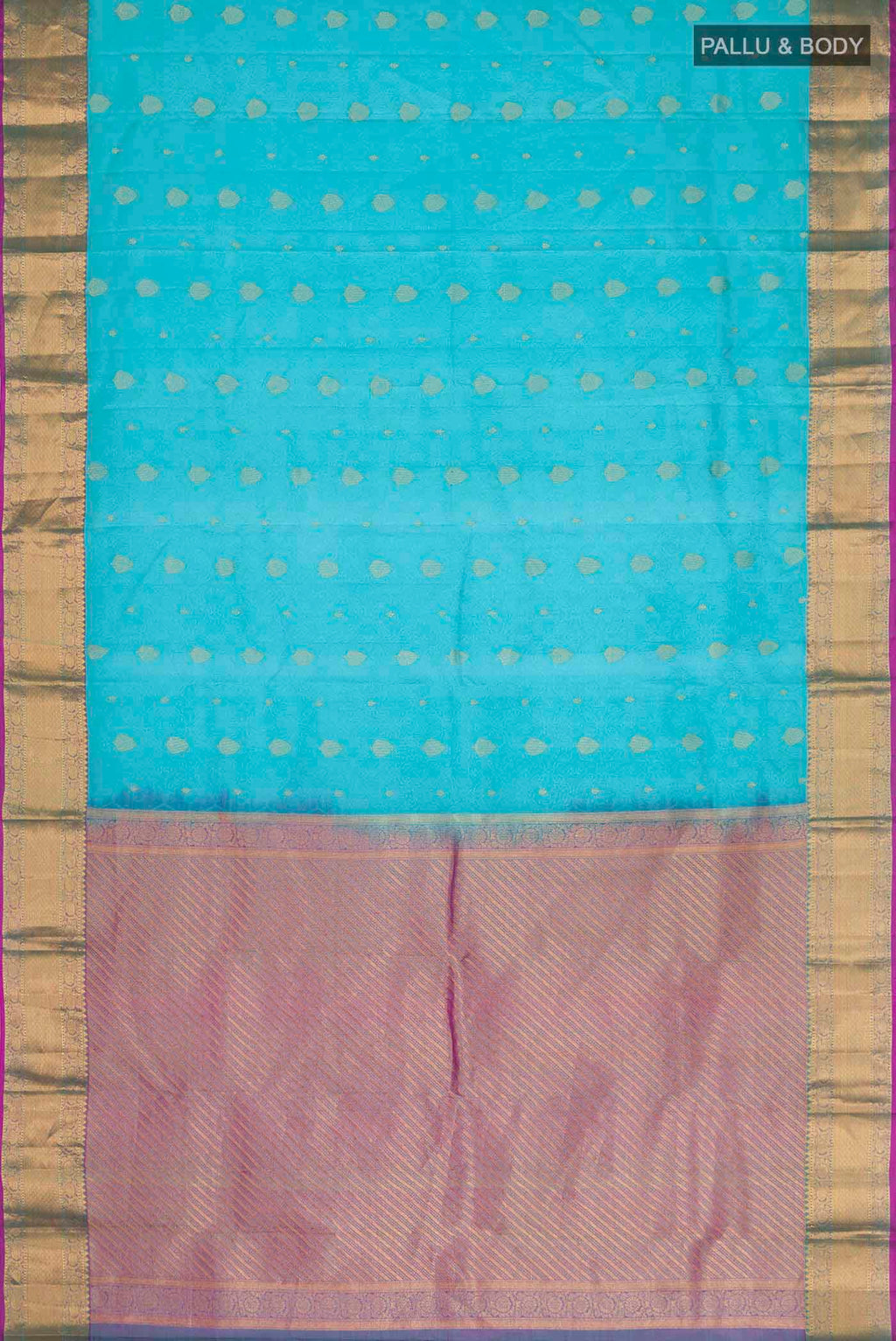 Flat view of Blue Kanchipuram Silk Saree with Jacquard With Zari Butta on the body and Zari Border