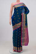 Blue Kanchipuram Silk Saree with Jacquard With Zari Butta on the body and Zari Border.  displayed on a mannequin