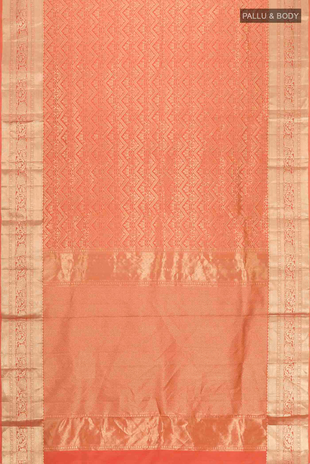 Flat view of Orange Kanchipuram Silk Saree with Zari Brocade on the body and Zari Border