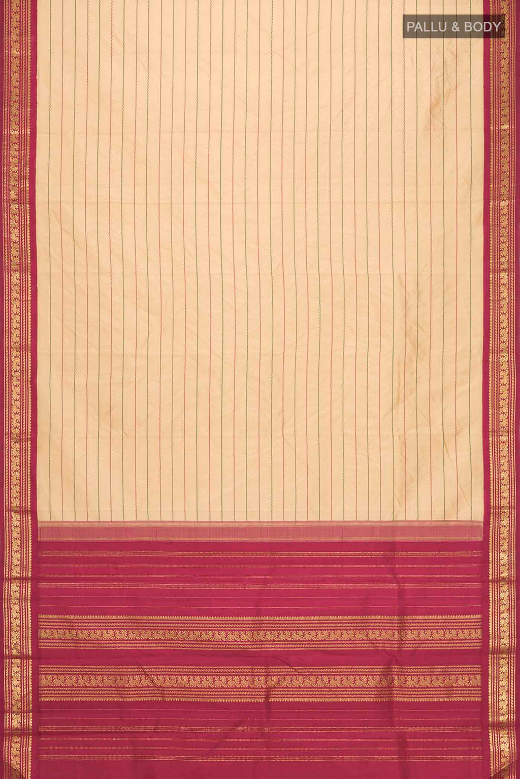 Flat view of Sandal Kanchipuram Silk Saree with Veldhari on the body and Zari Border