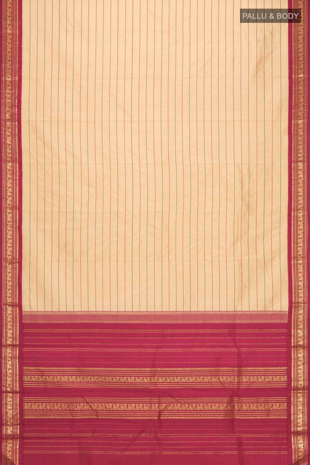 Flat view of Sandal Kanchipuram Silk Saree with Veldhari on the body and Zari Border