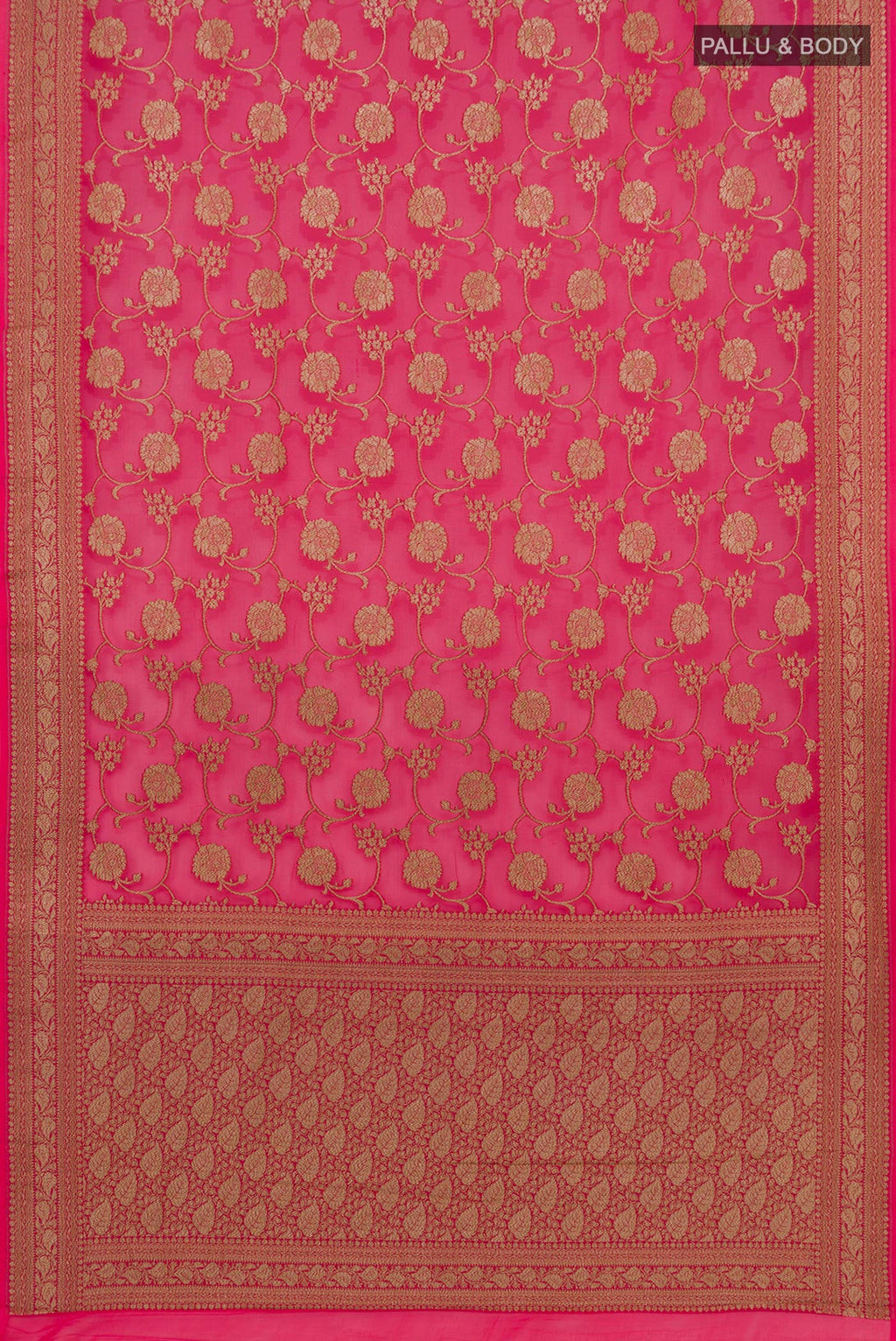 Flat view of Pink Banarasi Georgette Saree with Fancy on the body and Zari Border. 