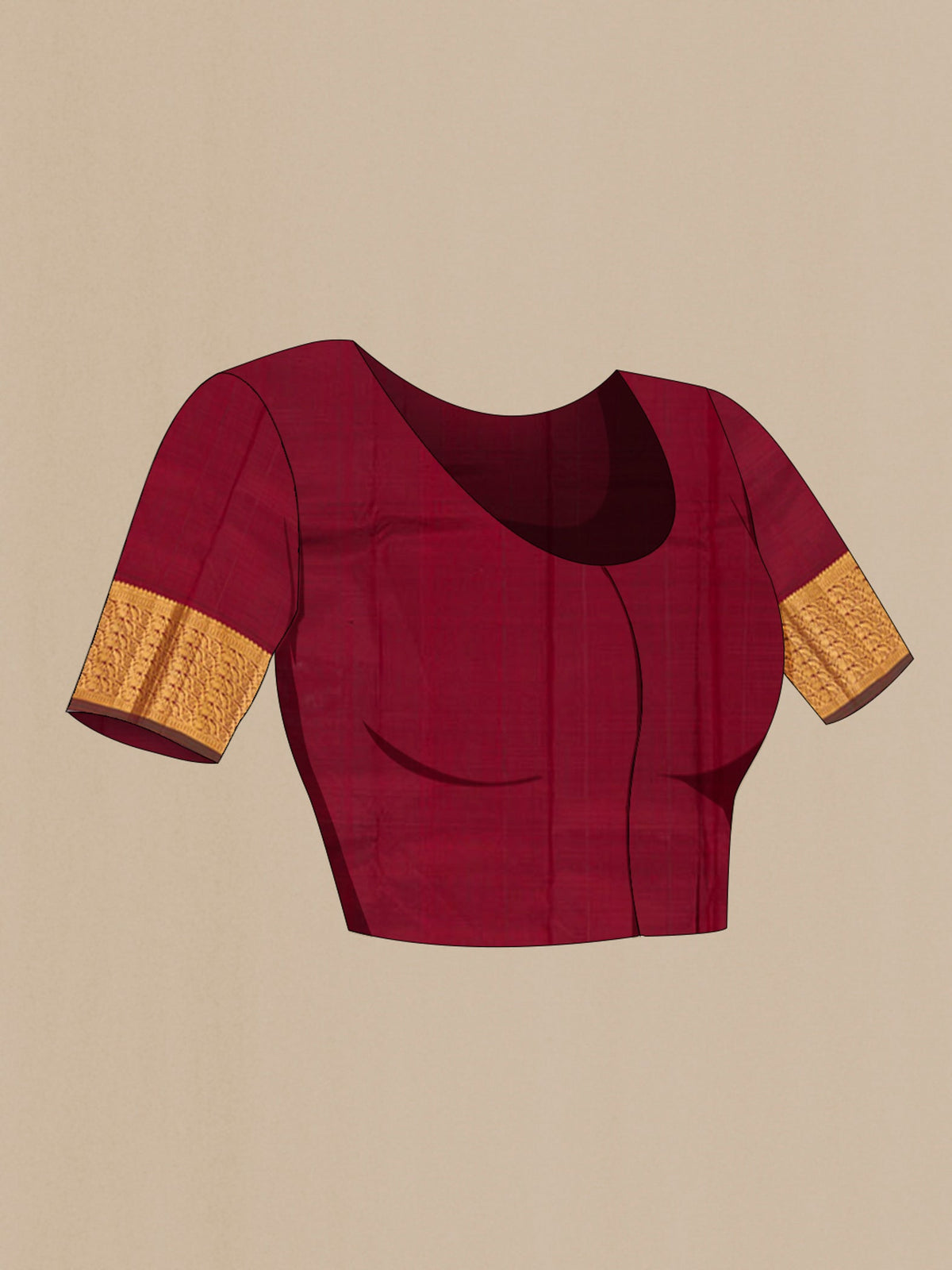 Close up image of the blouse of Pure Silk Pure Zari Maroon Kanchipuram Saree with Zari Butta on the body and Zari Border. 