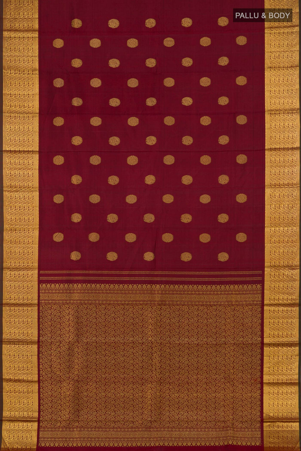 Flat view of Pure Silk Pure Zari Maroon Kanchipuram Saree with Zari Butta on the body and Zari Border. 