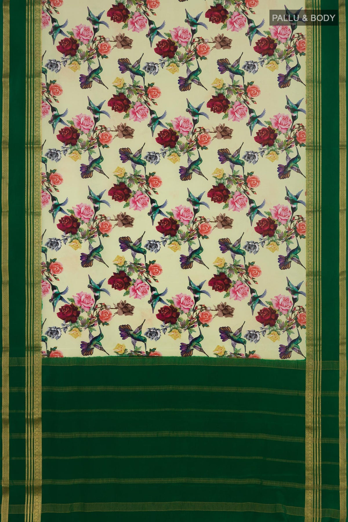 Flat view of Light Green Crepe Saree with Printed design on the body and Zari Border. 