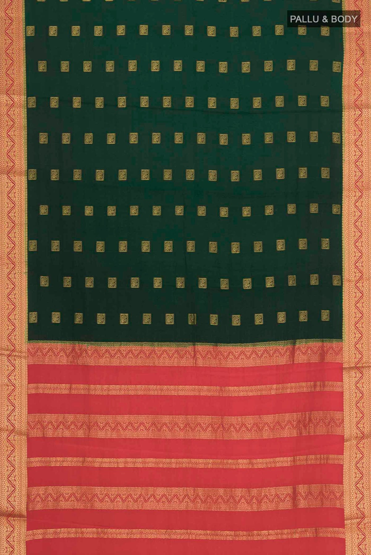 Flat view of Green Mysore Crepe Saree with Zari Butta on the body and Zari Border