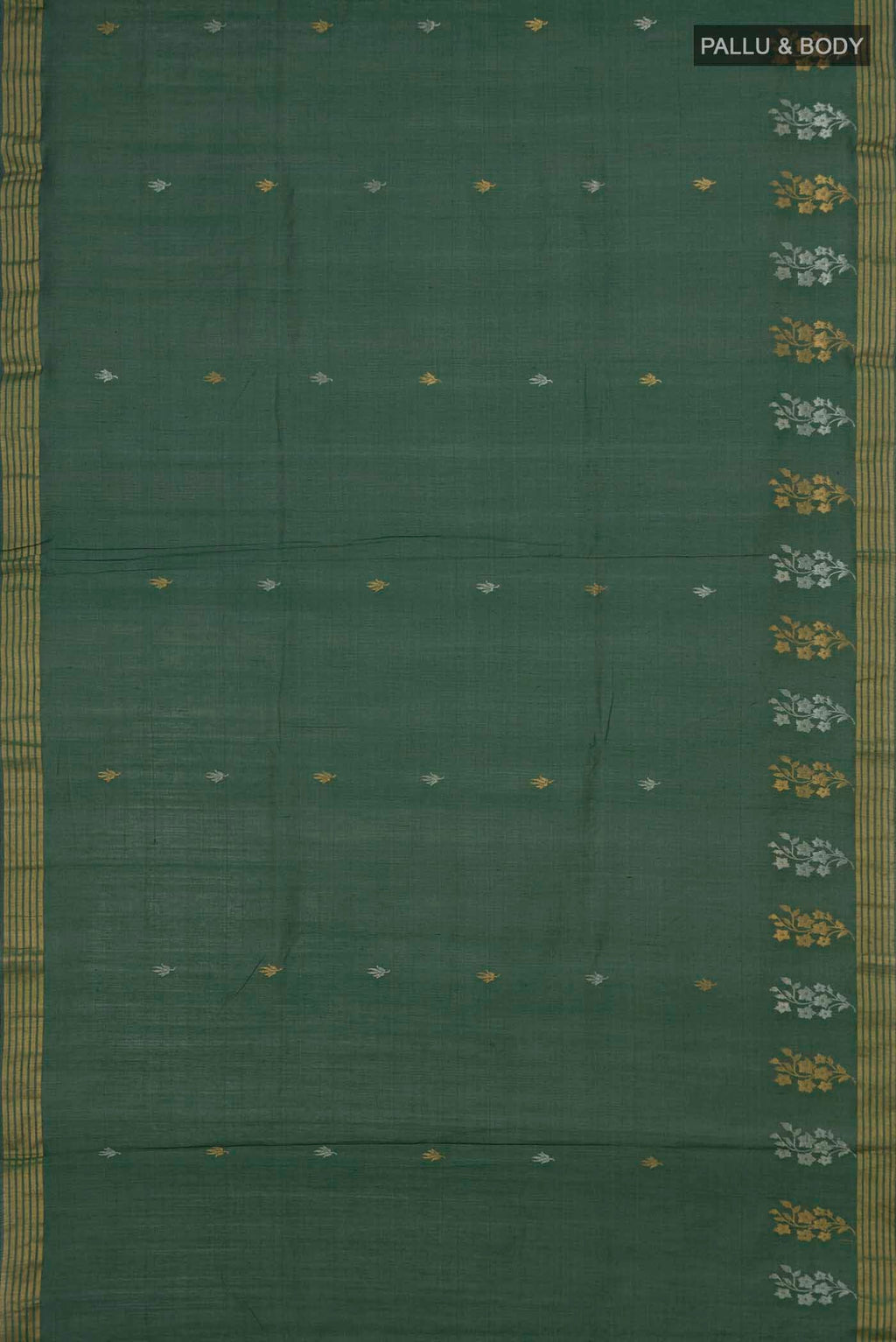 Flat view of Sage Green Tussar Silk Saree with Zari Butta on the body and Zari Border