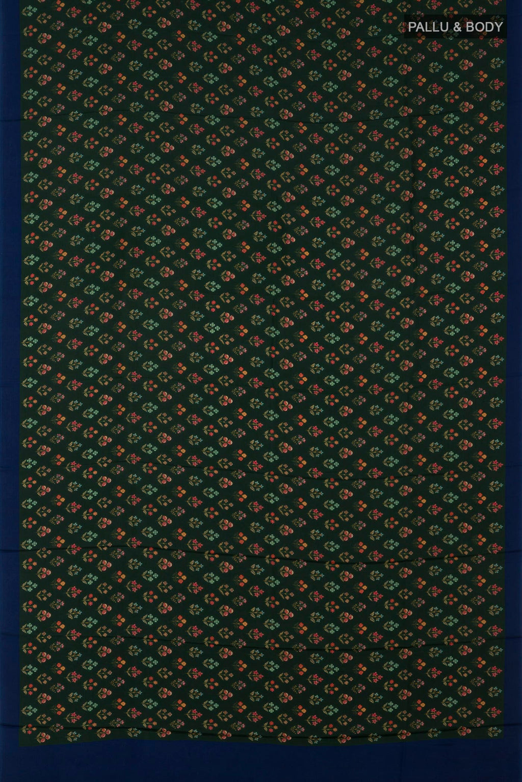 Flat view of Green Printed Silk Saree with Printed design on the body and Plain Border. 