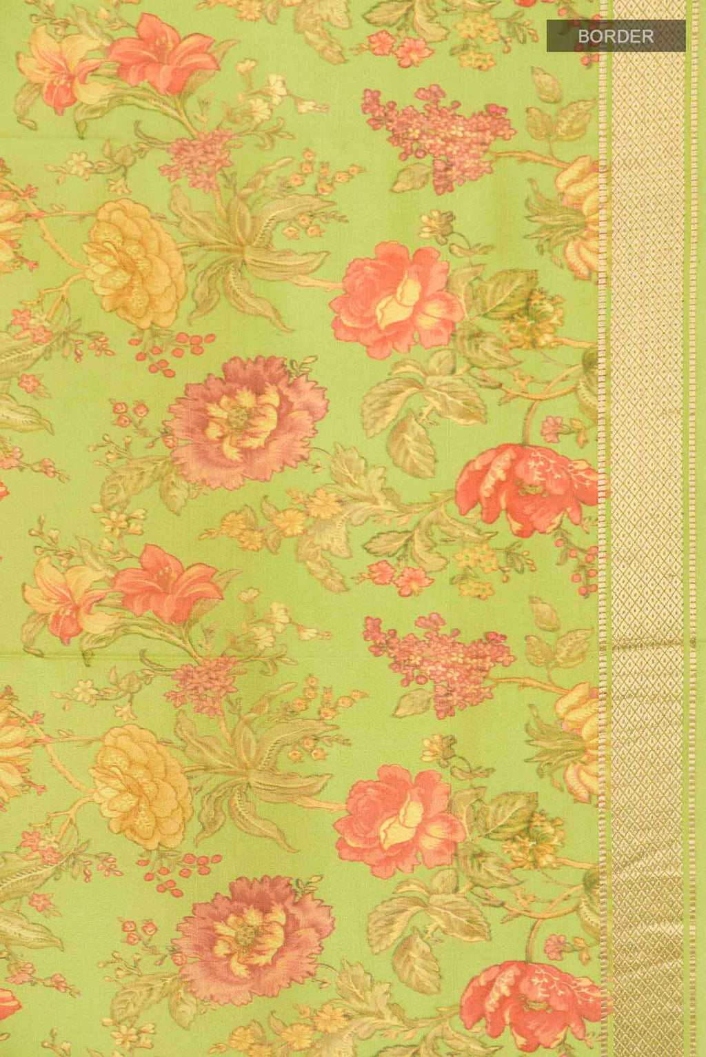 Border image of Green Printed Silk Saree with Floral Print on the body and Zari Border