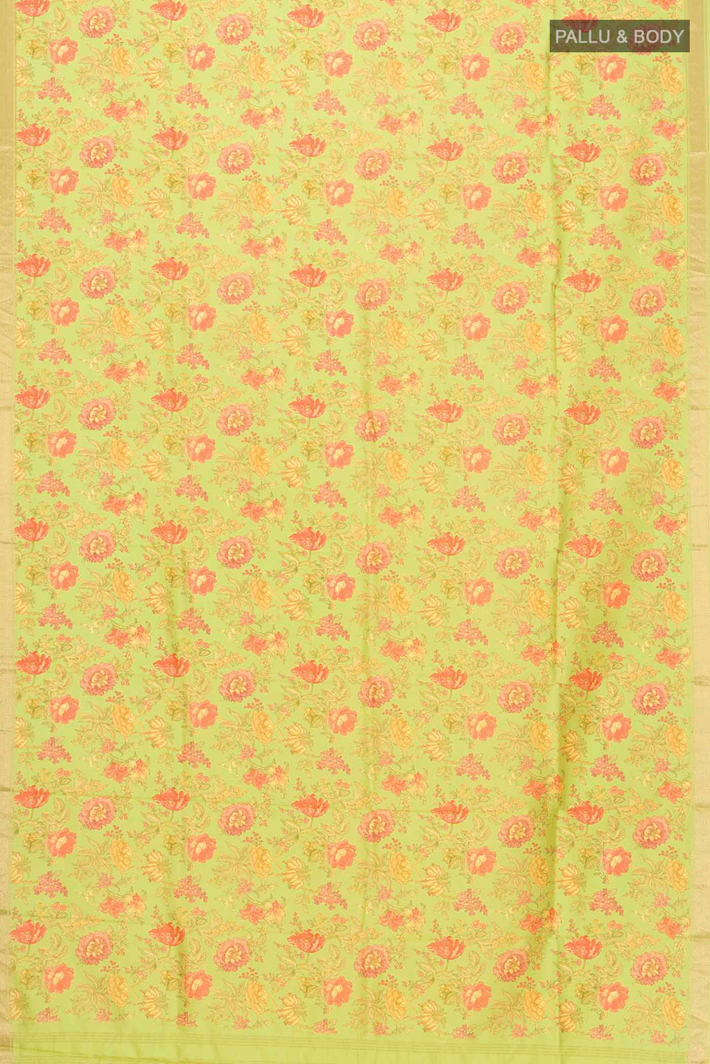 Flat view of Green Printed Silk Saree with Floral Print on the body and Zari Border