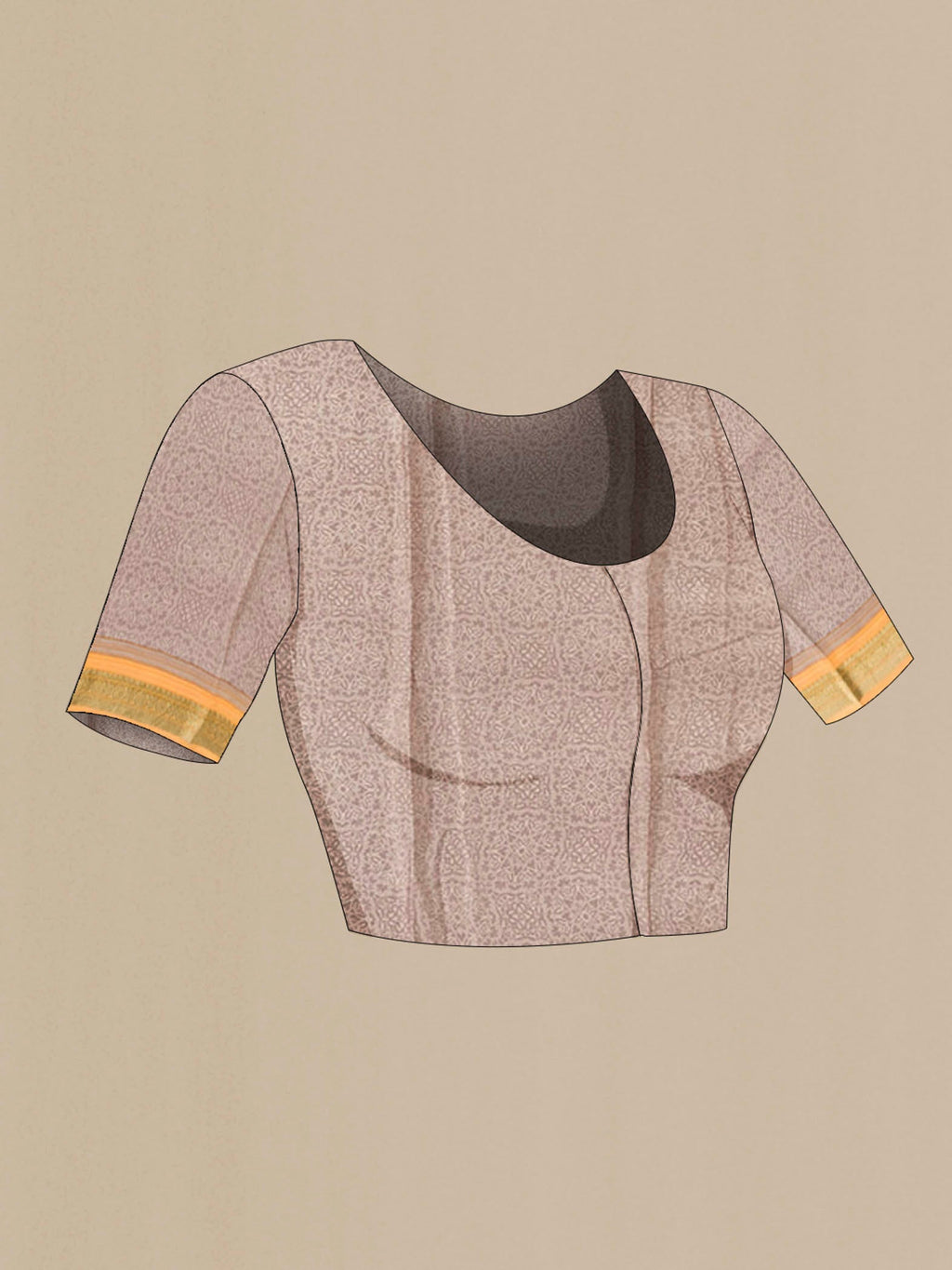 Close up image of the blouse of Pink Mysore Crepe Saree with Printed design on the body and Zari Border