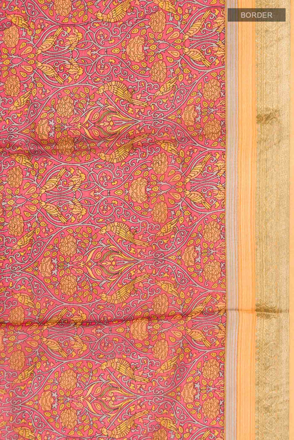 Border image of Pink Mysore Crepe Saree with Printed design on the body and Zari Border