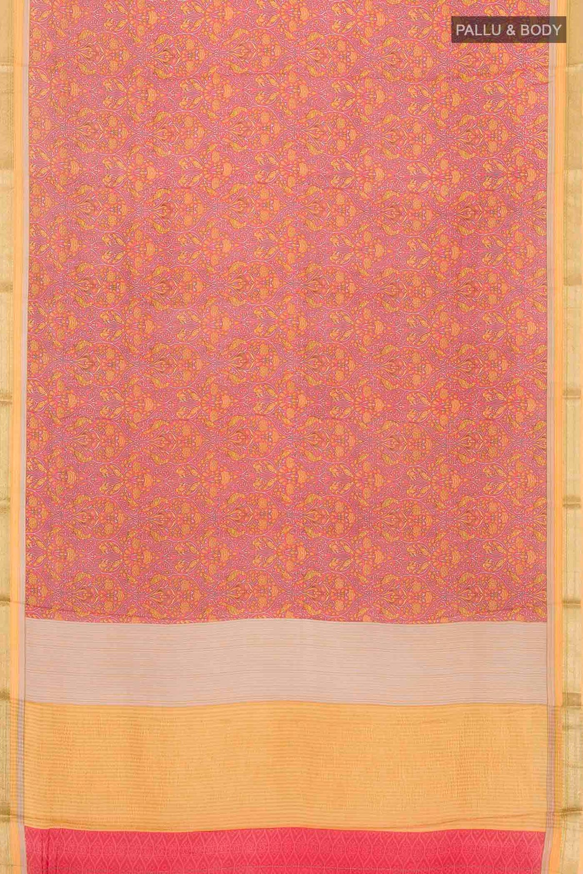 Flat view of Pink Mysore Crepe Saree with Printed design on the body and Zari Border