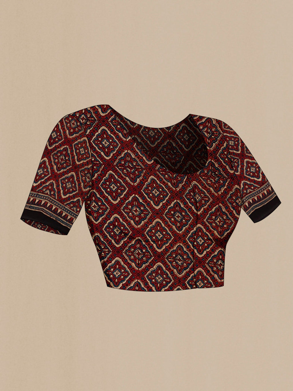 Close up image of the blouse of Maroon Blended Satin Silk Saree with Ajrakh Print on the body and Printed Border. 