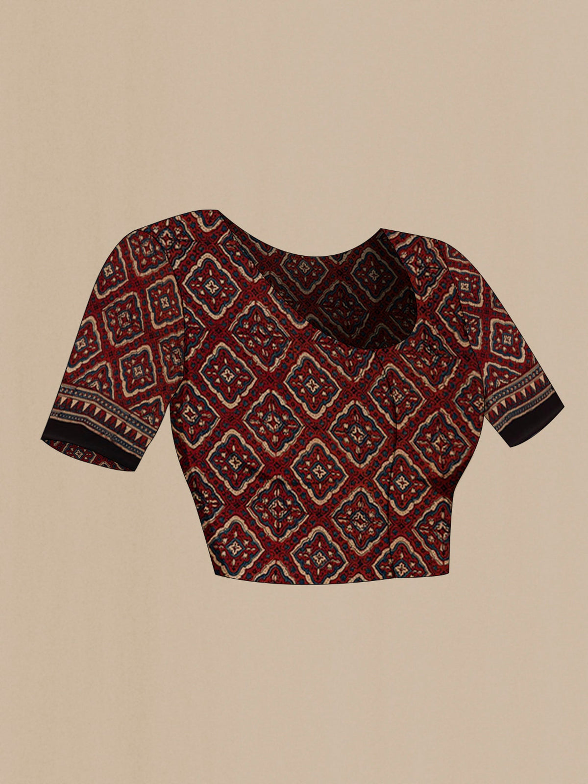 Close up image of the blouse of Maroon Blended Satin Silk Saree with Ajrakh Print on the body and Printed Border. 