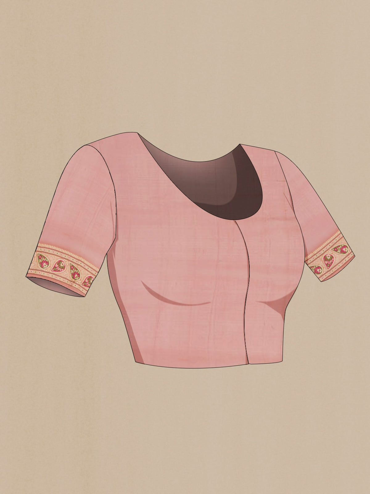 Close up image of the blouse of Peach Banarasi Georgette Saree with Fancy on the body and Thread Border. 