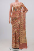 Peach Banarasi Georgette Saree with Fancy on the body and Thread Border.  displayed on a mannequin