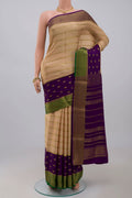 Cream Crepe Saree with Stripes on the body and Zari Border.  displayed on a mannequin