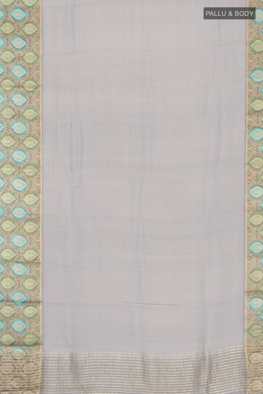 Flat view of Grey Banarasi Georgette Saree with Plain Body and Zari Border