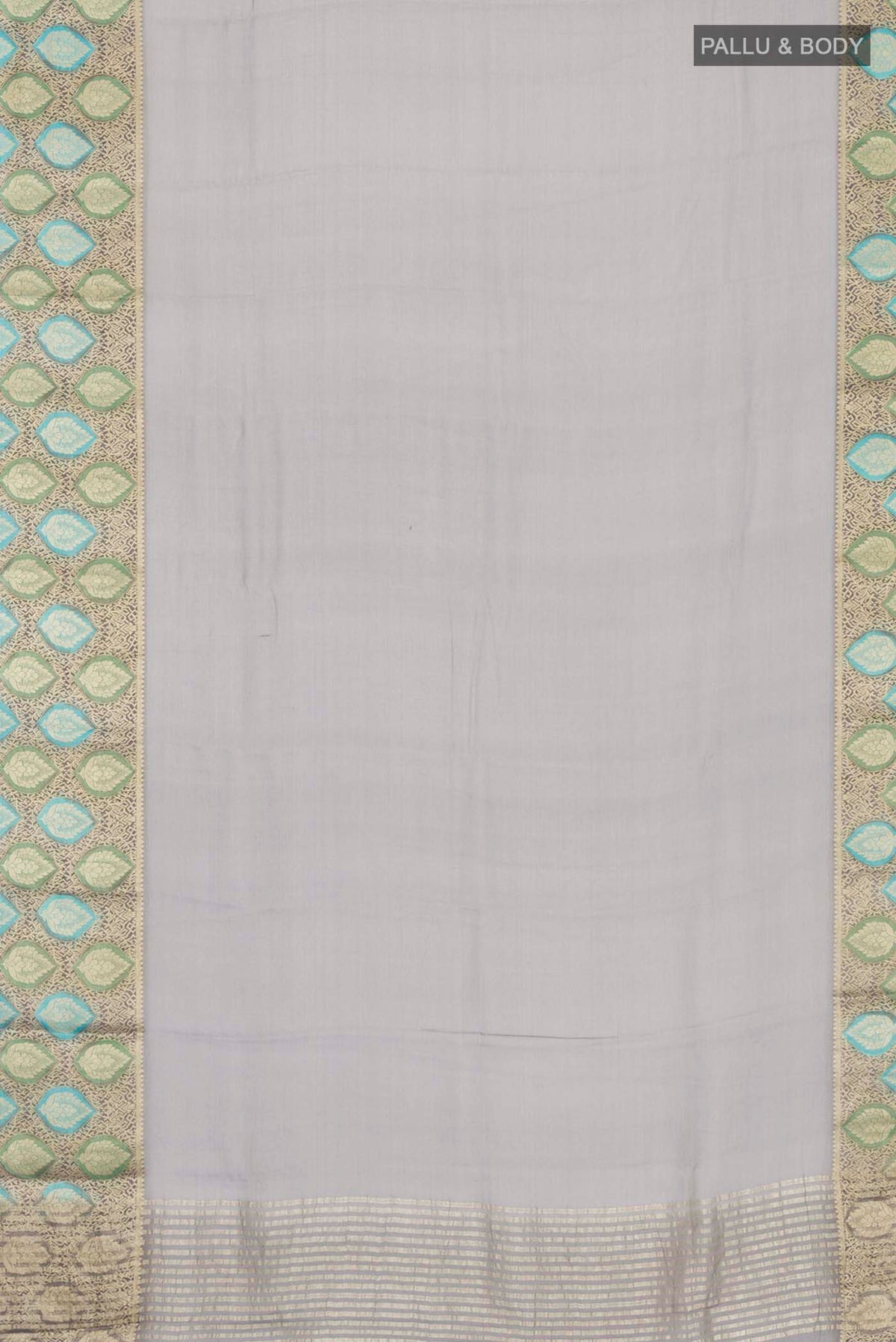 Flat view of Grey Banarasi Georgette Saree with Plain Body and Zari Border