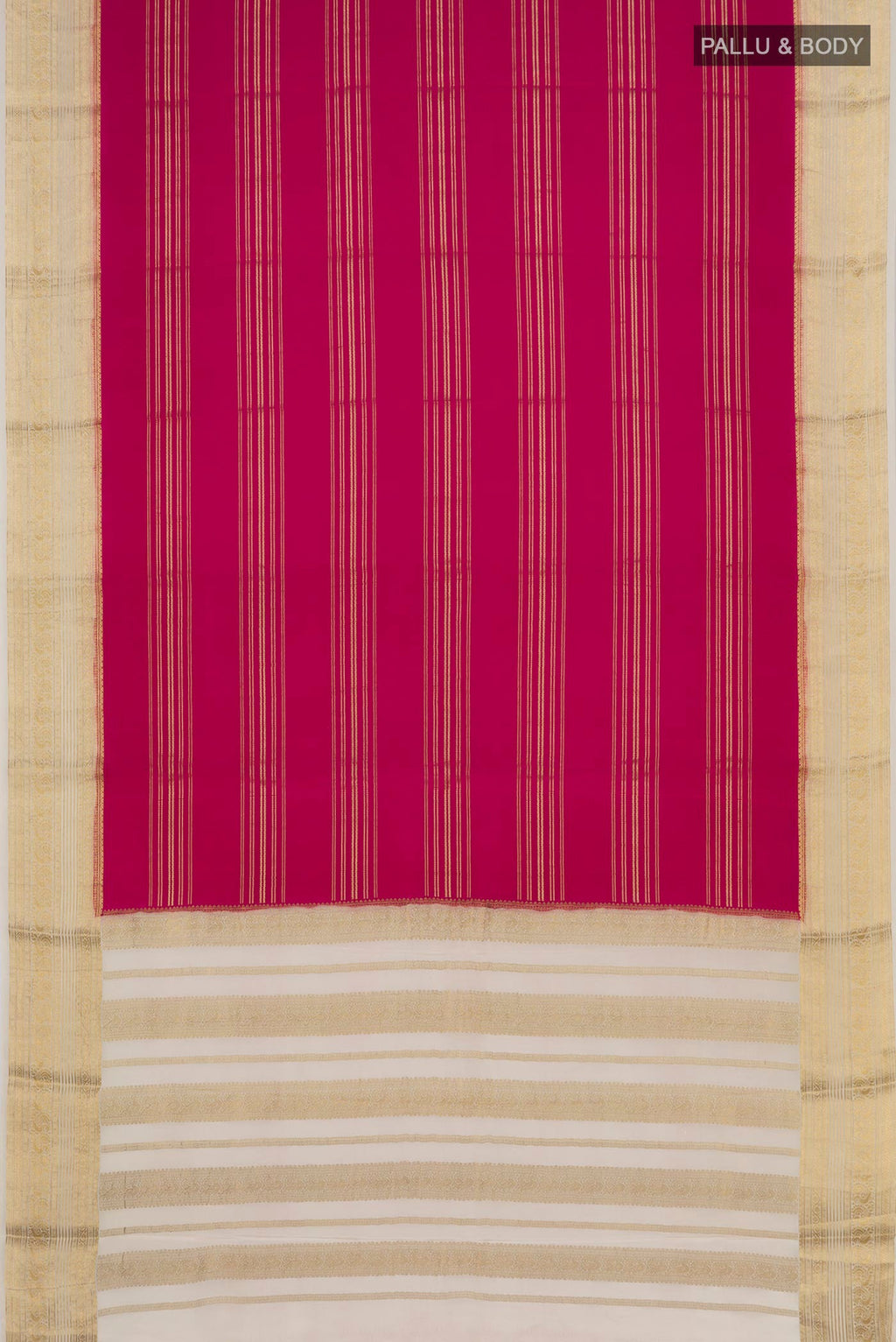 Flat view of Magenta Mysore Silk Saree with Stripes on the body and Zari Border. 