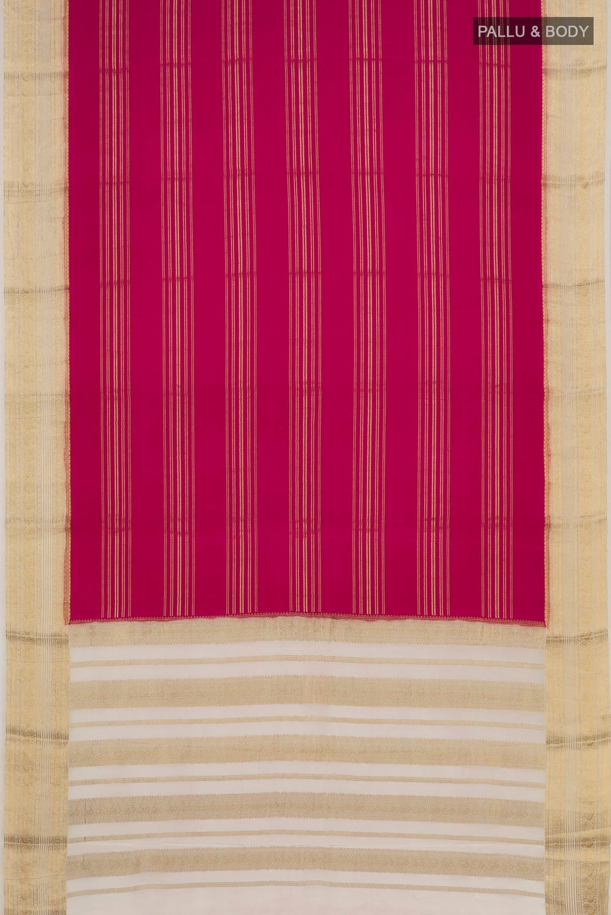 Flat view of Magenta Mysore Silk Saree with Stripes on the body and Zari Border. 