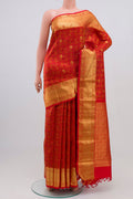 Pure Silk Pure Zari Red Kanchipuram Saree with Jacquard With Zari Butta on the body and Zari Border.  displayed on a mannequin