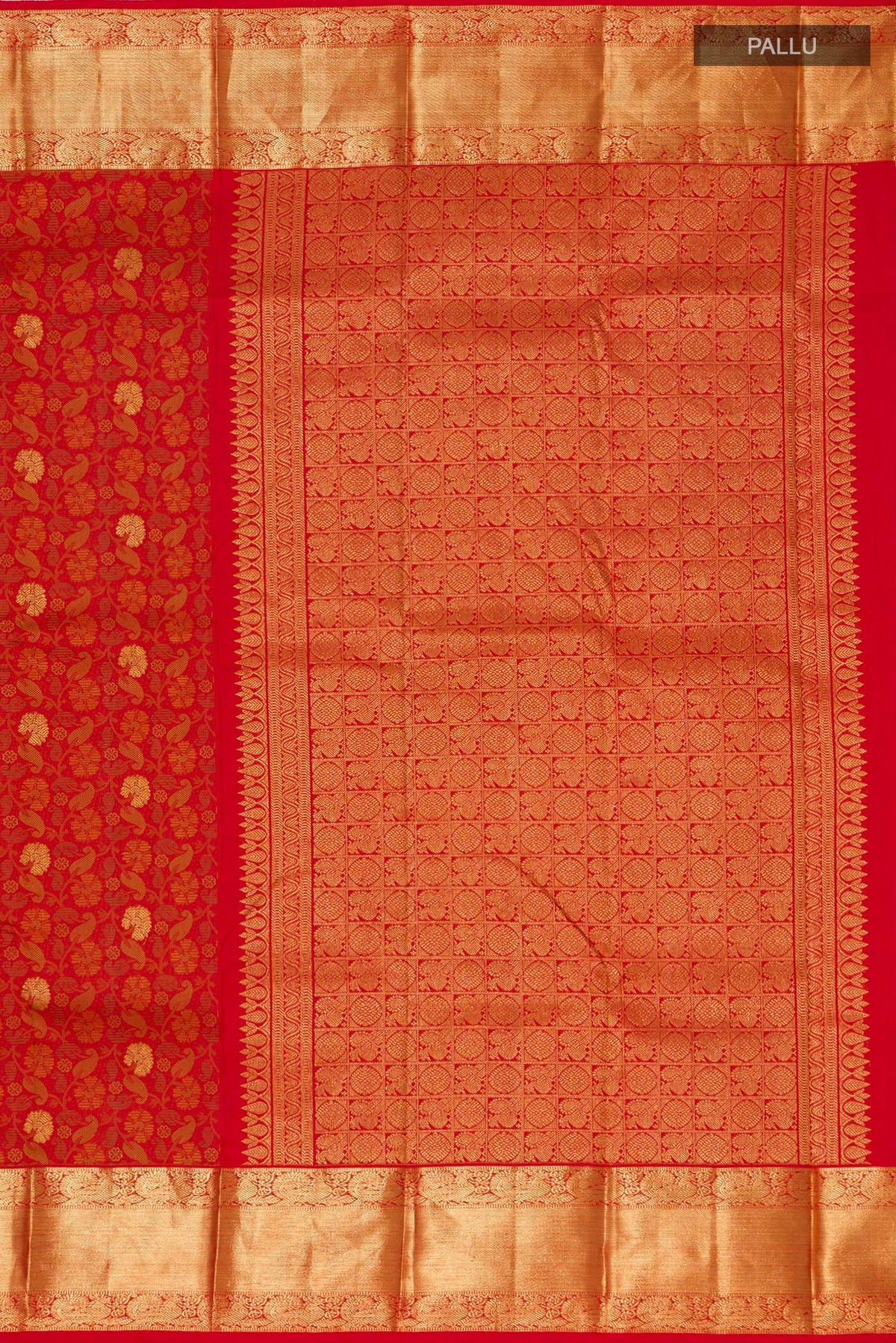 Close up image of the pallu of Pure Silk Pure Zari Red Kanchipuram Saree with Jacquard With Zari Butta on the body and Zari Border. 