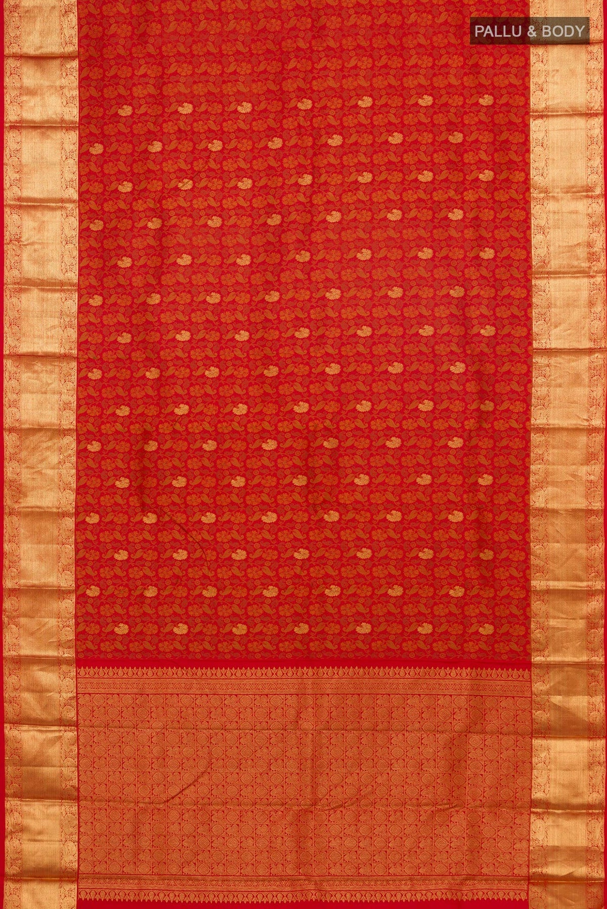 Flat view of Pure Silk Pure Zari Red Kanchipuram Saree with Jacquard With Zari Butta on the body and Zari Border. 