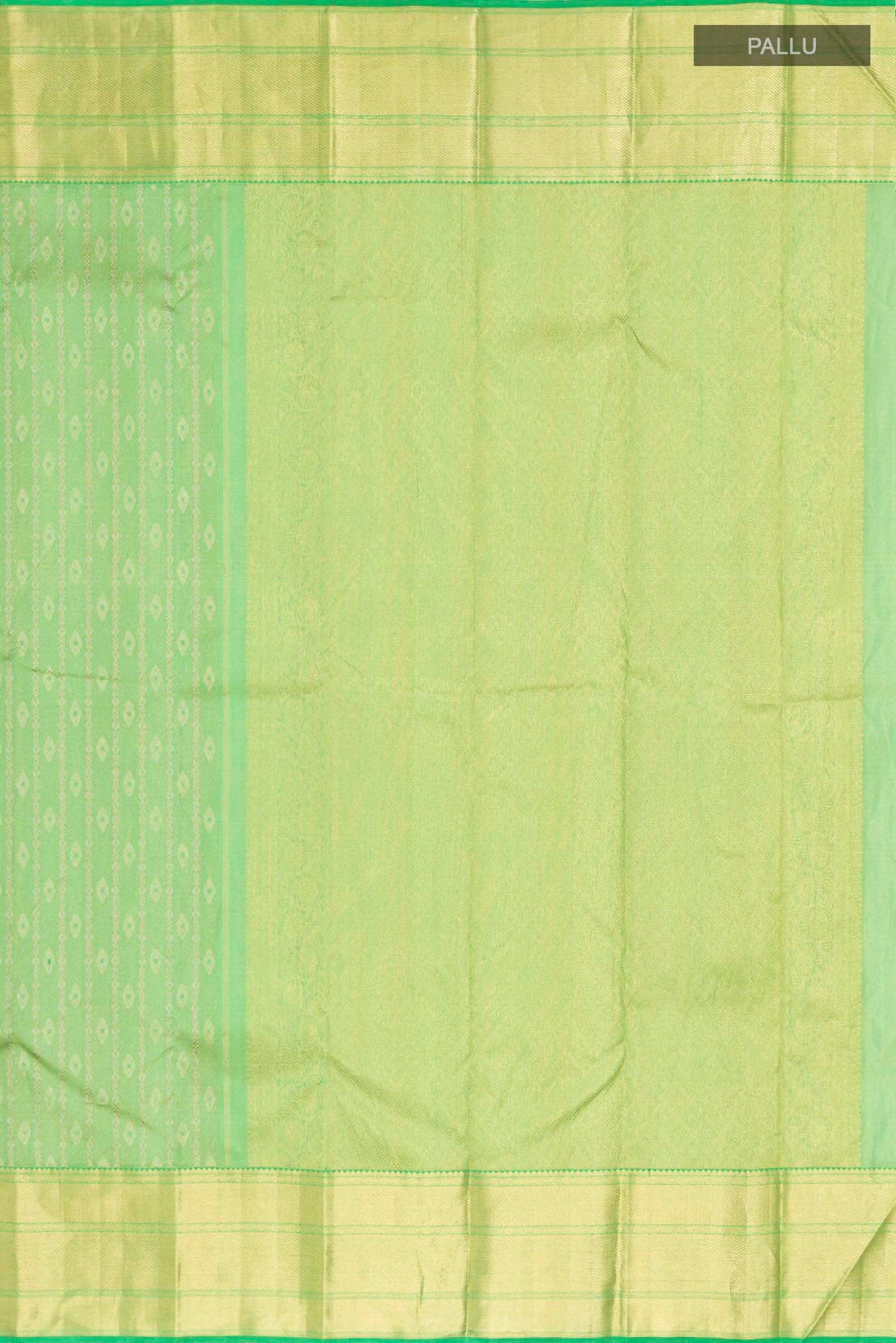 Close up image of the pallu of Green Kanchipuram Silk Saree with Zari Butta on the body and Zari Border