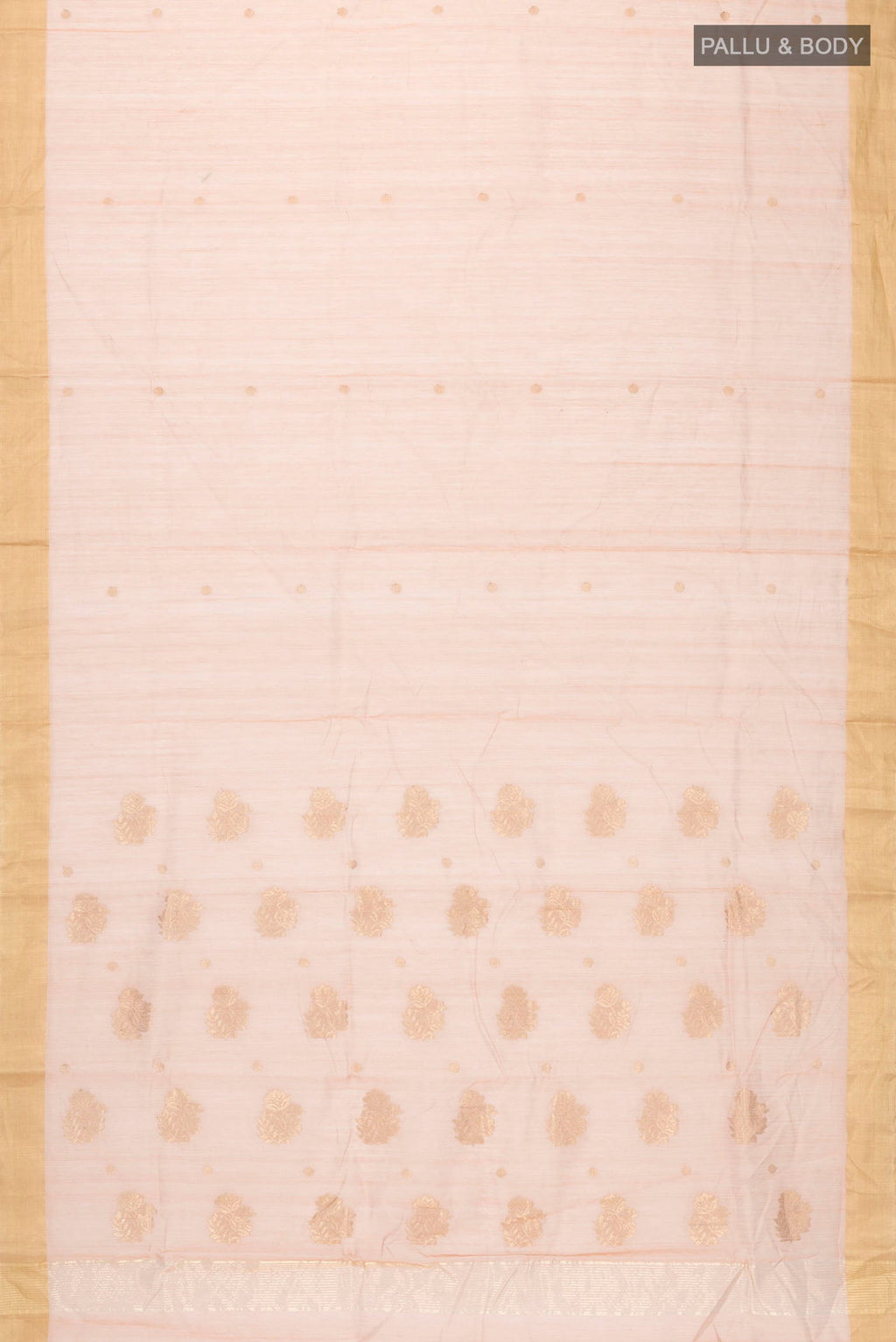 Flat view of Peach Chanderi Silk Cotton Saree with Zari Butta on the body and Zari Border