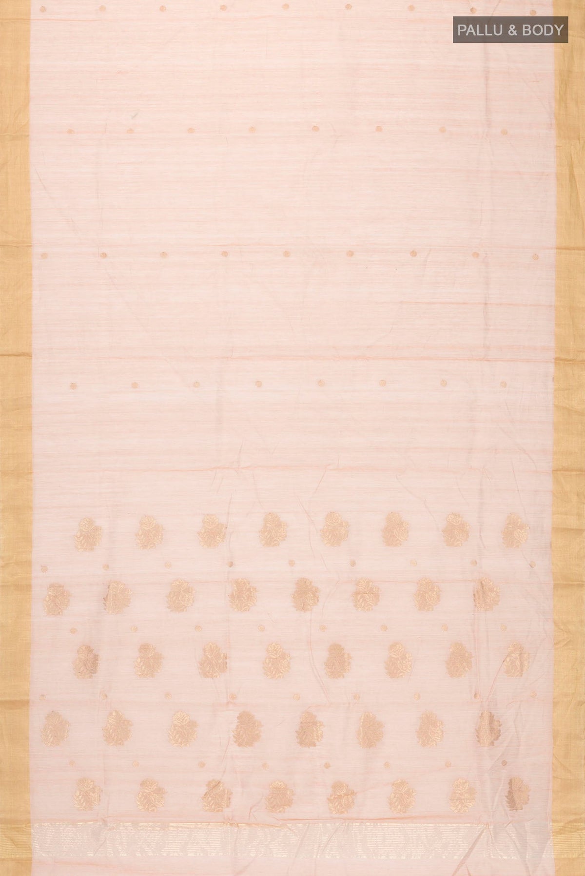 Flat view of Peach Chanderi Silk Cotton Saree with Zari Butta on the body and Zari Border