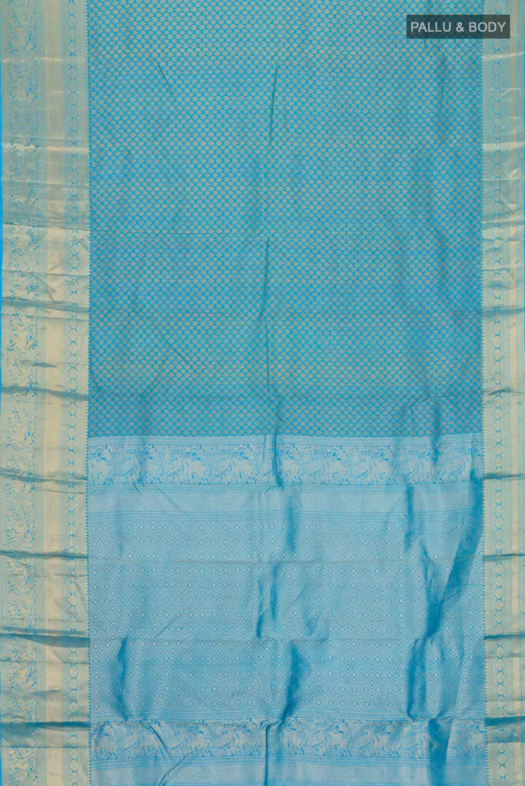 Flat view of Blue Kanchipuram Silk Saree with Jacquard design on the body and Zari Border