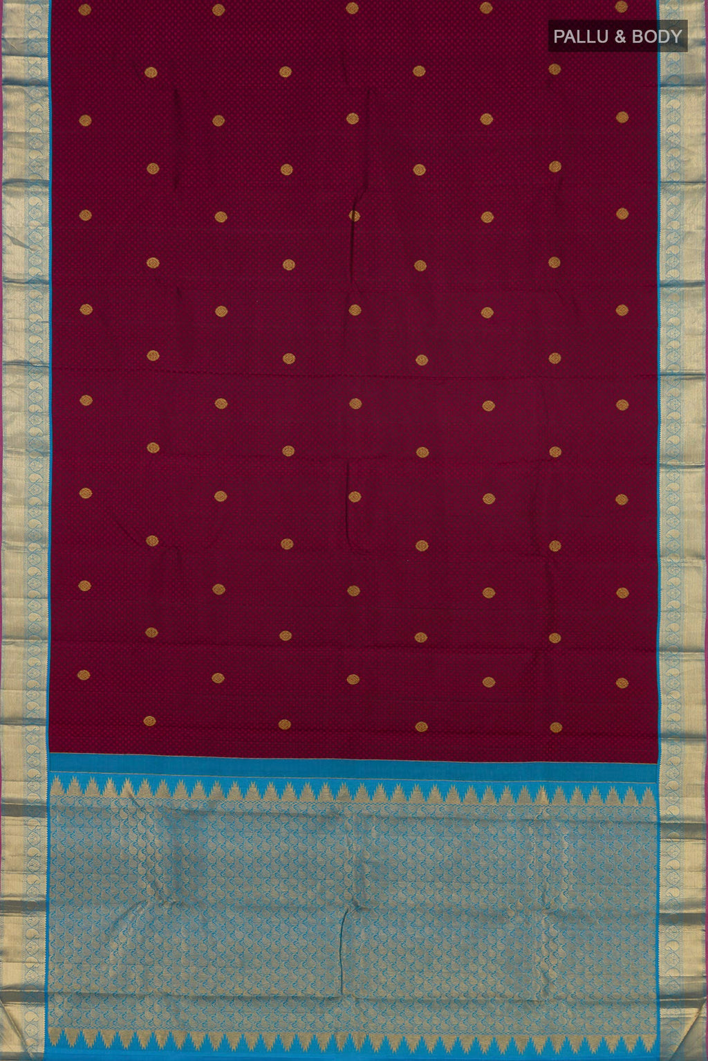 Flat view of Maroon Kanjivaram Saree with Jacquard With Zari Butta on the body and Zari Border. 