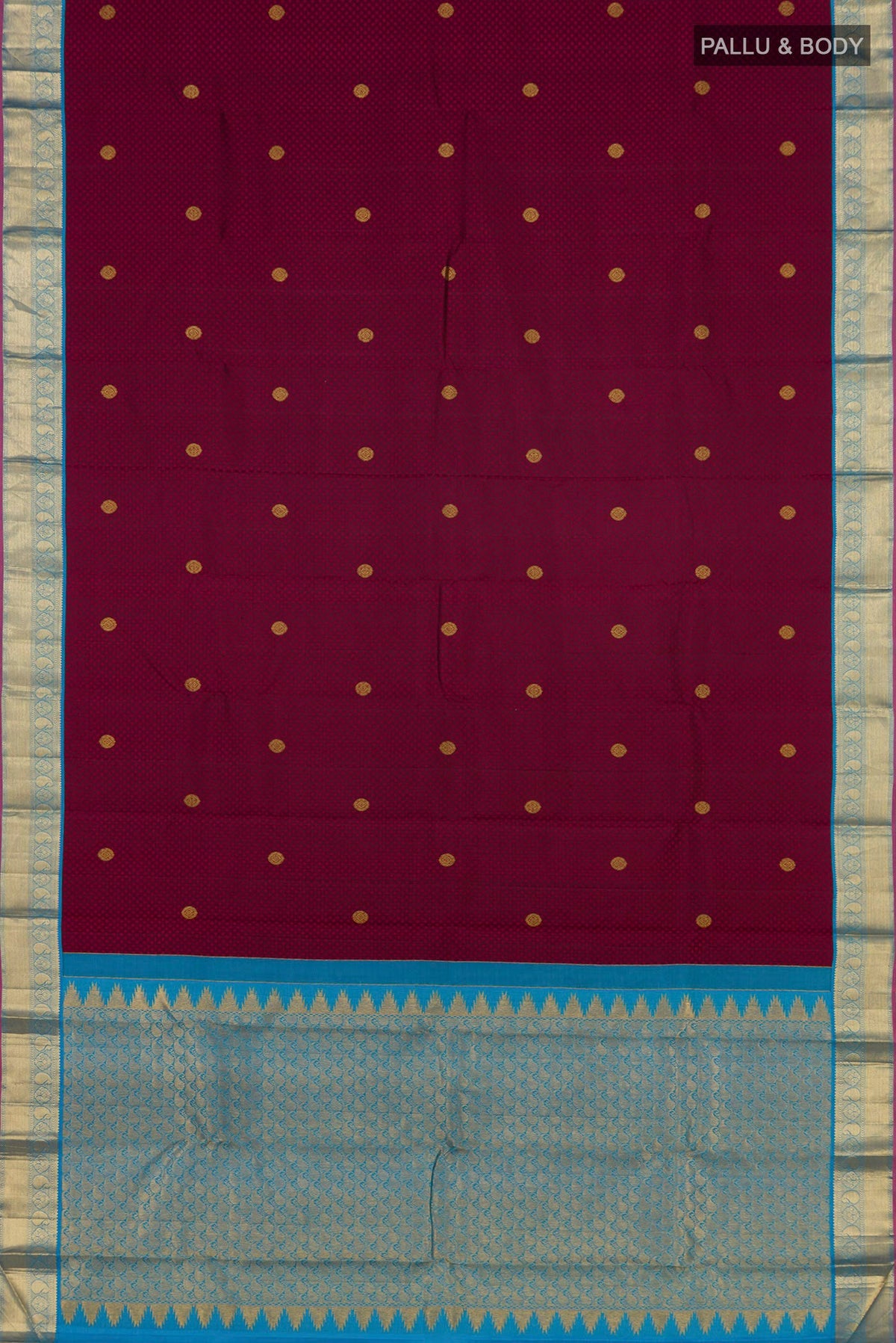 Flat view of Maroon Kanjivaram Saree with Jacquard With Zari Butta on the body and Zari Border. 