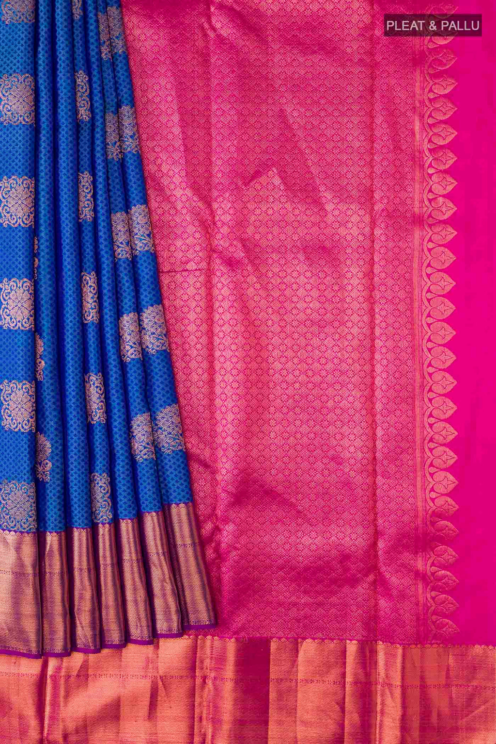 Pleats and pallu of Blue Kanchipuram Silk Saree with Jacquard With Zari Butta on the body and Zari Border