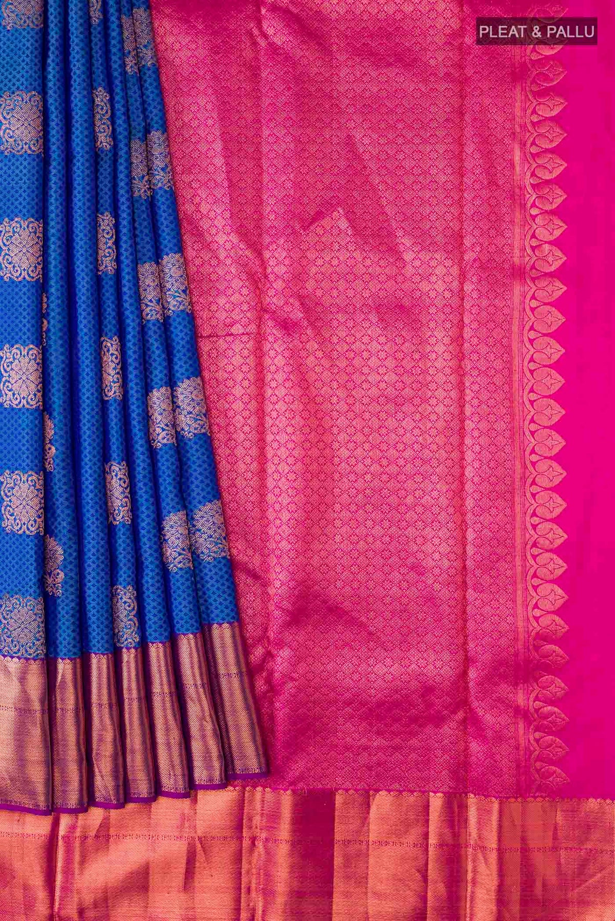 Pleats and pallu of Blue Kanchipuram Silk Saree with Jacquard With Zari Butta on the body and Zari Border