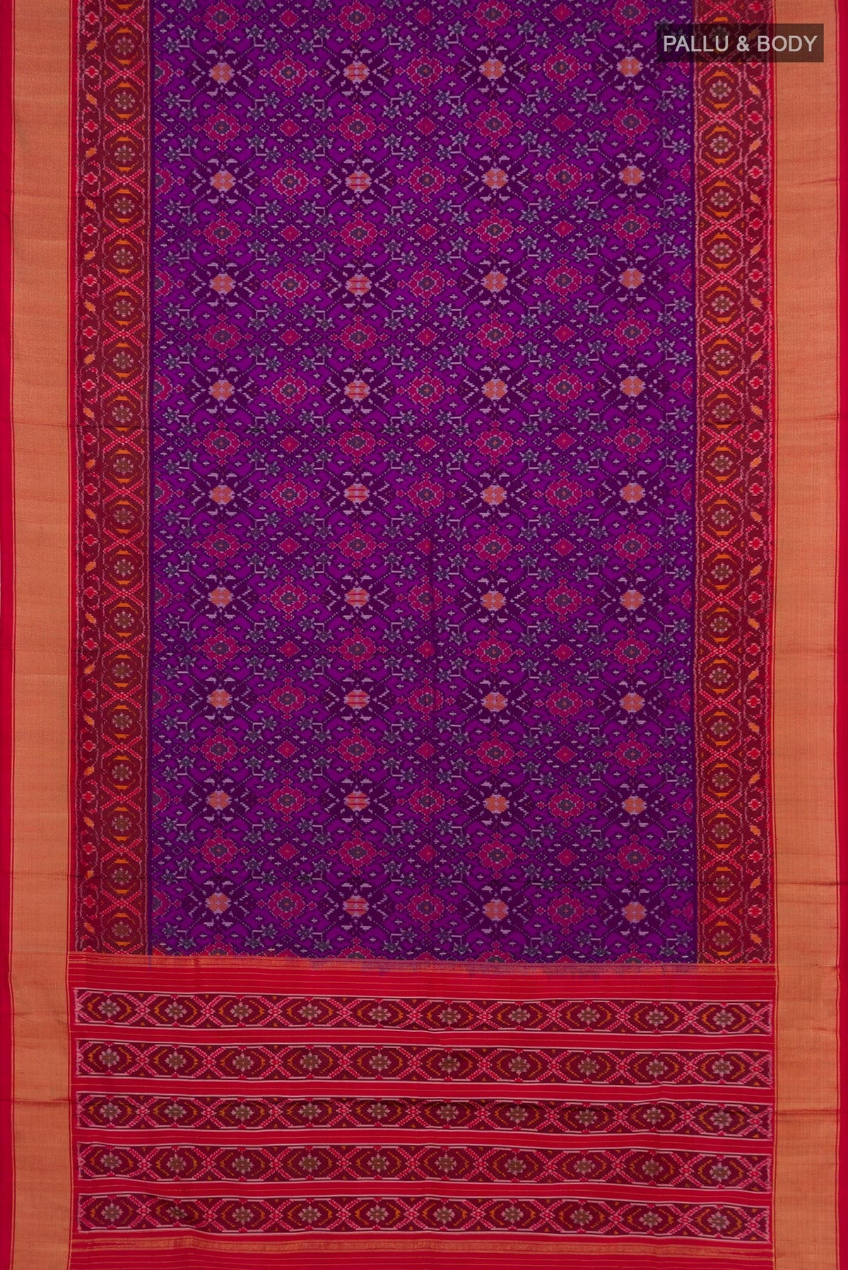 Flat view of Purple Pochampally Silk Saree with Ikat design on the body and Zari Border. 