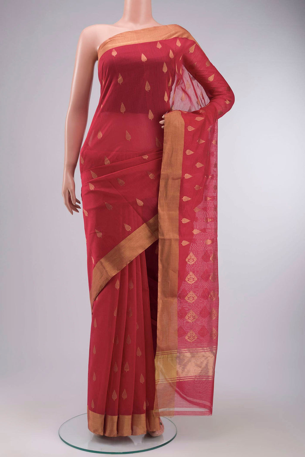 Red Chanderi Silk Saree with Zari Butta on the body and Zari Border displayed on a mannequin
