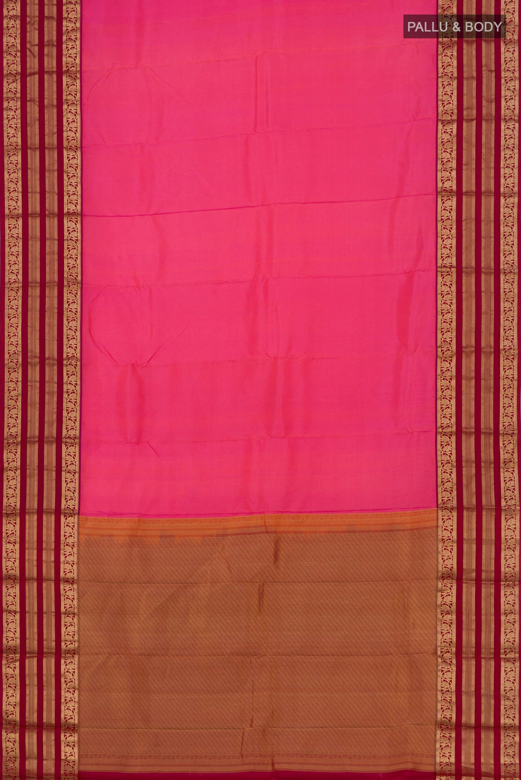 Flat view of Pink Kanchipuram Silk Saree with Plain Body and Zari Border. 